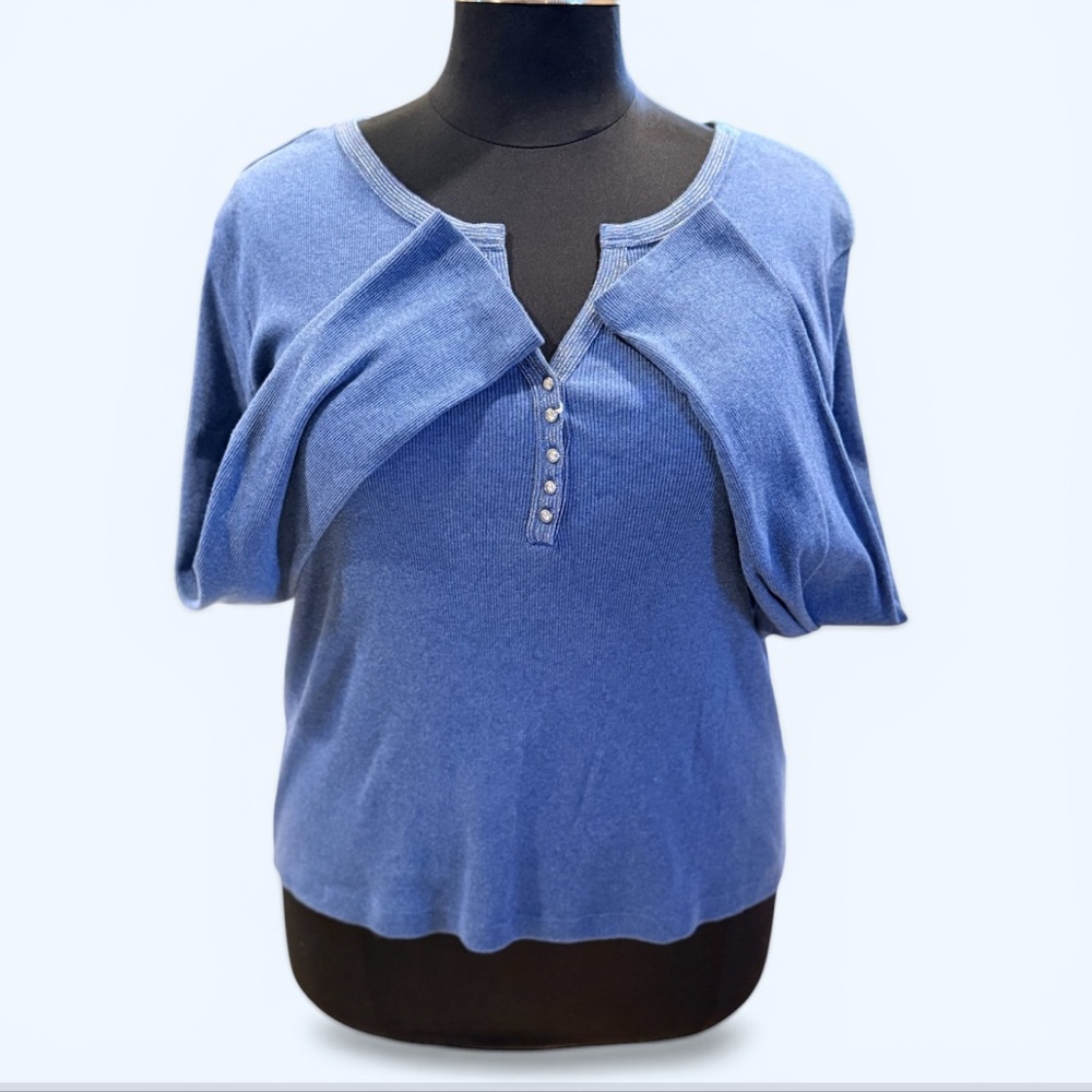 NWT Weatherproof Brand Organic Cotton Henley V-neck Rhinestone Button LS Top - Picture 2 of 6